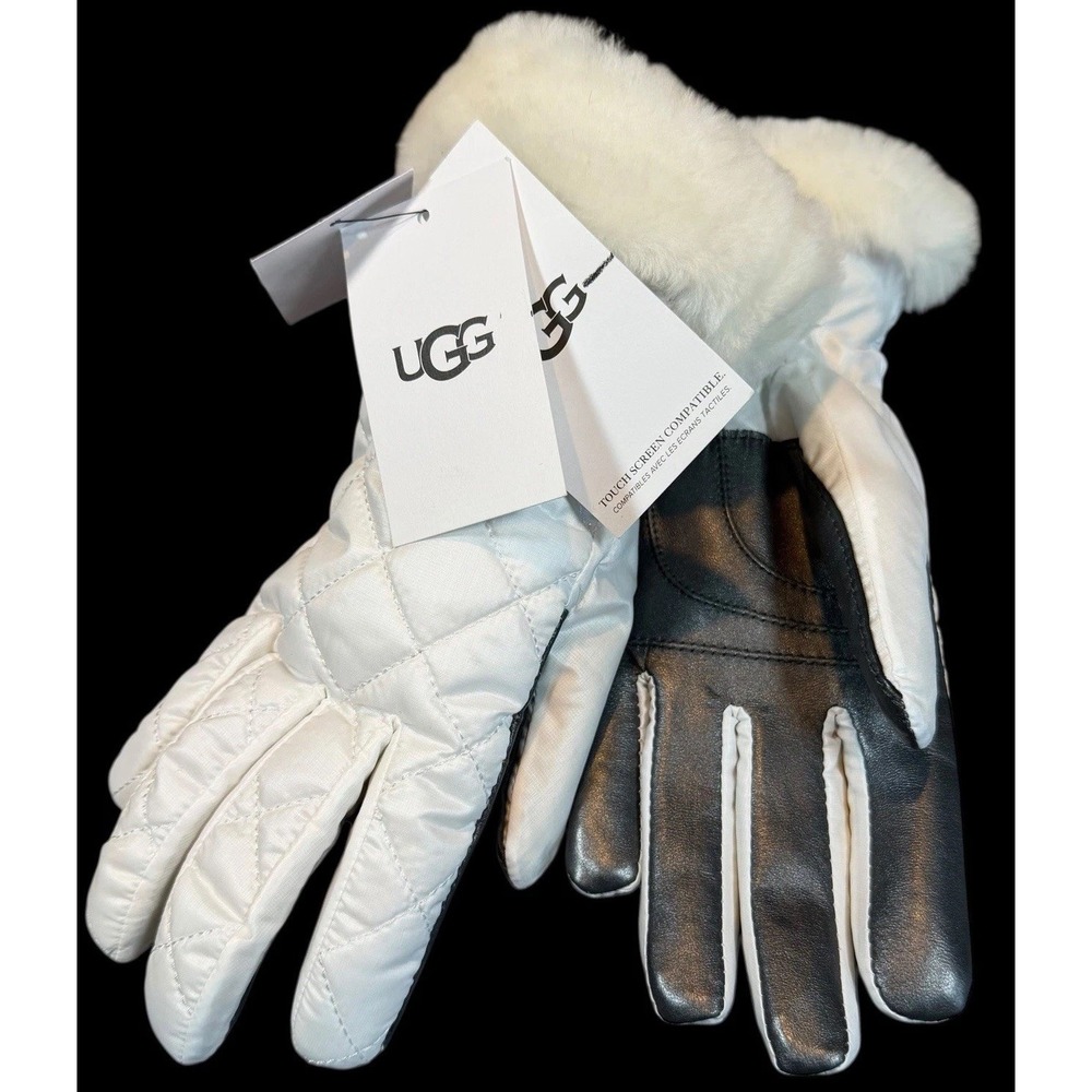Ugh Quilted Shearling Trim All Weather White Gloves Touch Compatible Size S/M